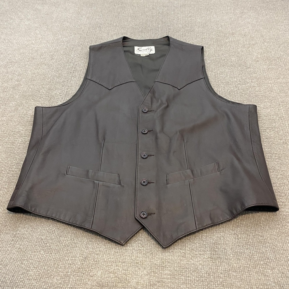 Scully Vest Mens 44 Brown Leather Western Button Front Pockets Lined Biker